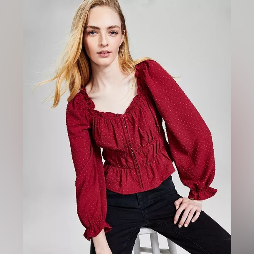 And Now This Macy’s Brand Women’s Dobby Dot Textured Cuffed Blouson Red - Size L